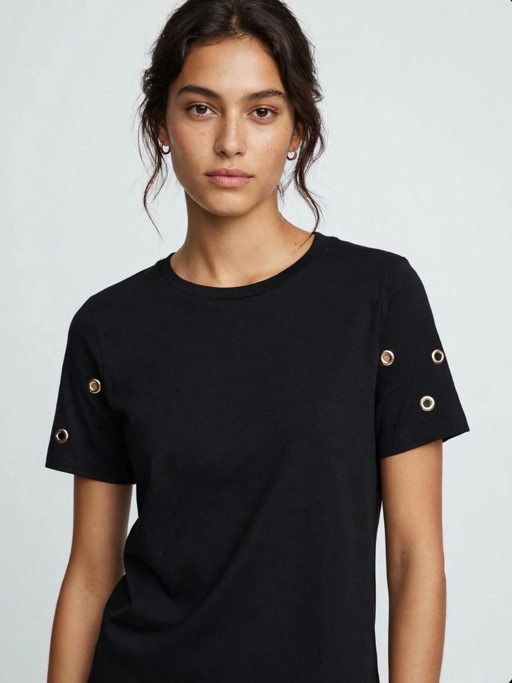 Carmen Marc Valvo Black Short Sleeve Tee with Gold Grommets